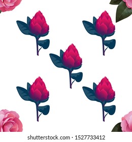 Pink Balsam. Red Vriesea. Vector illustration. Seamless background pattern. Floral botanical flower. Wild leaf wildflower isolated. Exotic tropical hawaiian jungle. Fabric wallpaper print texture.
