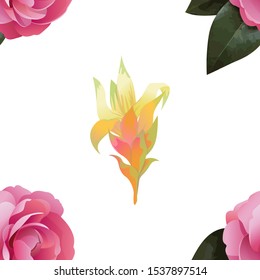 Pink Balsam. Yellow Guzmania. Vector illustration. Seamless background pattern. Floral botanical flower. Wild leaf wildflower isolated. Exotic tropical hawaiian jungle. Fabric wallpaper print texture.