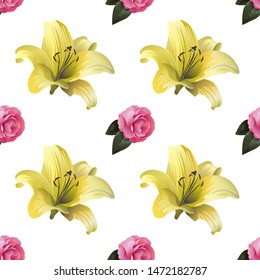 Pink Balsam. Yellow Lilium. Vector illustration. Seamless background pattern. Floral botanical flower. Wild leaf wildflower isolated. Exotic tropical hawaiian jungle. Fabric wallpaper print texture.