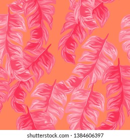 Pink Banana Tropical leaves floral print exotic seamless pattern. The texture of the fabric leaves of banana and palm trees. Exotic Hawaiian print for swimsuits.