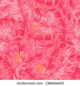 Pink Banana Tropical leaves floral print exotic seamless pattern. The texture of the fabric leaves of banana and palm trees. Exotic Hawaiian print for swimsuits.