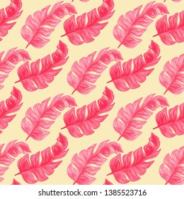 Pink Banana Tropical leaves floral print exotic seamless pattern. The texture of the fabric leaves of banana and palm trees. Exotic Hawaiian print for swimsuits.