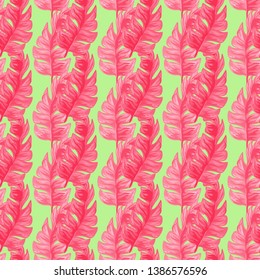 Pink Banana Tropical leaves floral print exotic seamless pattern. The texture of the fabric leaves of banana and palm trees. Exotic Hawaiian print for swimsuits.