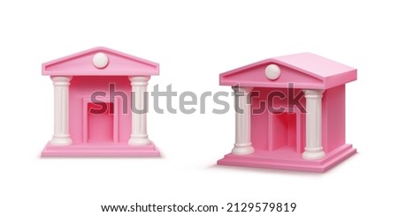 Pink bank building in different point of views. Online banking or bank transactions and service concept. 3d realistic illustration in cartoon style. Vector