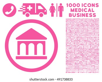 Pink Bank Building vector rounded icon. Image style is a flat icon symbol inside a circle, white background. Bonus set contains 1000 medicine business pictographs.