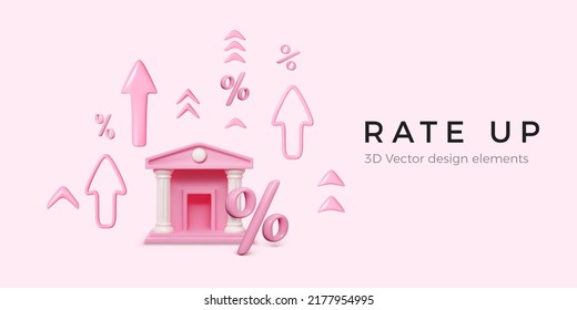Pink bank with interest symbol and arrow up in 3d realistic style. Render business object for banner. Increase earning with success financial operations. Vector illustration