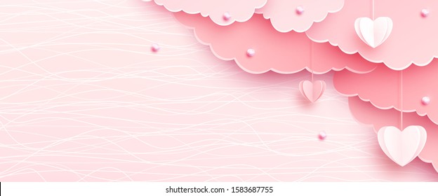 Pink banner background in papercut realistic style. Paper clouds, heart on string, pearls, light line texture. Love party invitation template.