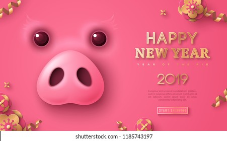 Pink banner with cute funny pig face and gold flowers and streamers for 2019 Chinese New Year. Greeting card and calendar design. Vector illustration, place for text. Pink banner with cute funny pig face and gold flowers and streamers for 2019 Chinese New Year. Greeting card and calendar design. Vector illustration, place for text.