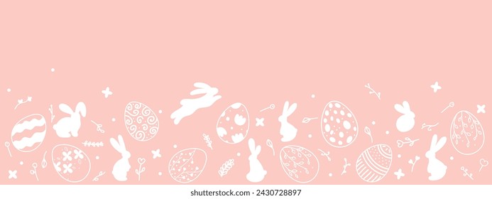 Pink banner for Easter decoration. Silhouettes of Easter bunnies and eggs in vintage style with floral elements. Unique design for the decoration of Easter goods and web use.