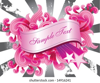 Pink banner and filigree over a burst background, vector