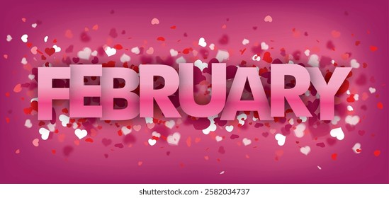 Pink banner with hearts and text february. Eps 10 vector file.