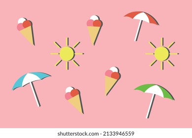 Pink banner or poster with summer icons, ice cream, umbrella and sun, illustration for commercial use, vector size.