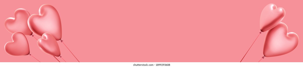 Pink banner with realistic 3d heart balloons. Vector illustration.