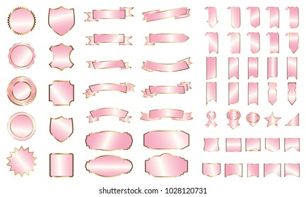 Pink banner ribbon label vector set background with isolated fancy badge vintage sticker and decorative border icon for frame, coin. Festive colorful tag design award of gift illustration collection