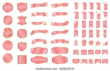 Pink banner ribbon label vector set background with isolated fancy badge vintage sticker and decorative border icon for frame, coin. Festive colorful tag design award of gift illustration collection