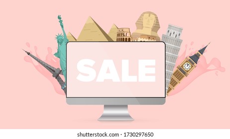 Pink banner sale for tourism. Design concept on the theme of tourism, sale of tours. Monitor, Egyptian pyramids, Eiffel Tower, Statue of Liberty, Wheels, Pezan Tower.