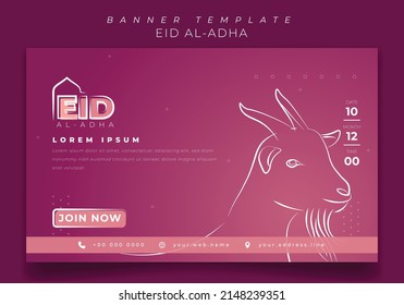 Pink Banner template with line art drawing of goat for eid al adha design