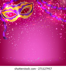 Pink banner with theatrical carnival mask. Design your theater cultural events, masquerade, carnival. Vector illustration.