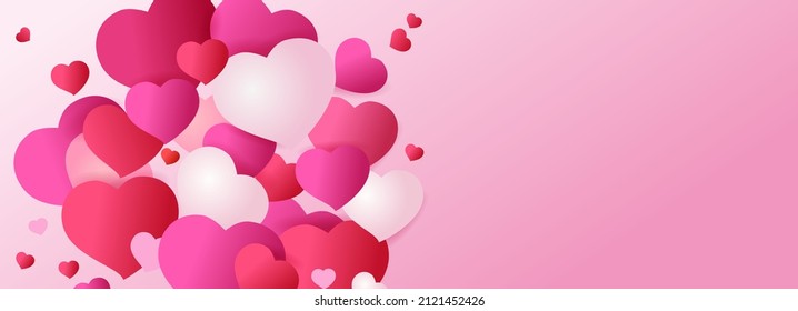 Pink Banner Valentines day with an empty space for the text.  Red, white and pink hearts on pink background. Vector illustration Valentine day or birthday.