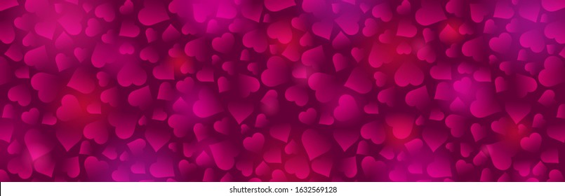 Pink banner with valentines hearts. Valentines greeting banner. Horizontal holiday background, headers, posters, cards, website. Vector illustration