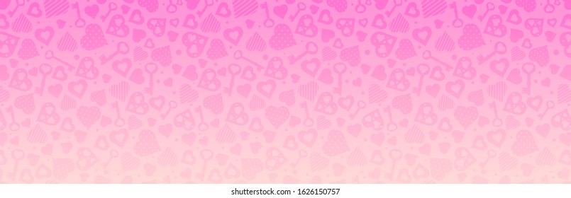 PInk banner with valentines hearts and keys. Valentines greeting banner. Horizontal holiday background, headers, posters, cards, website. Vector illustration