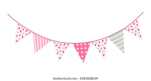 A pink banner with white background and pink and green flags. The banner is decorated with sprinkles