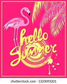 Pink banner with yellow color hello summer hand drawing lettering, sun, pink palm leaves and flamingo. Art deco style