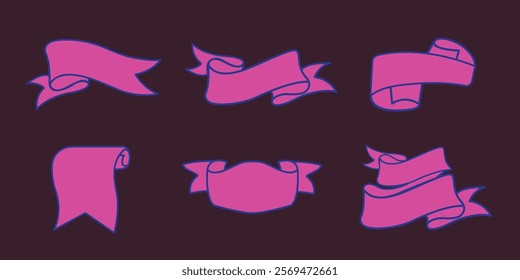 Pink banners on dark background. Six pink banners in various shapes. Decorative pink banners for design. Pink banners with curves and folds. Ribbon banner vector set.