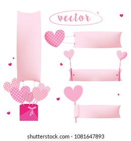 Pink banners set.For valentine or lover or wedding event and advertising,poster,card. heart hanging banner, pop up box, Float on the sky with cute heart. flag blank. vector set. illustration.