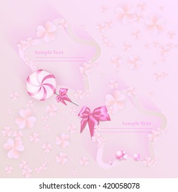 Pink banners in the shape of a star. Pink Lollipop, Candy, bow, beads, shamrocks of clover. Vector.