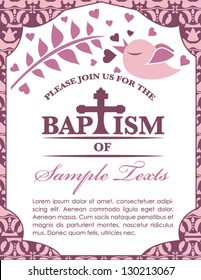 Pink Baptism Invitation Card with Bird and Pattern