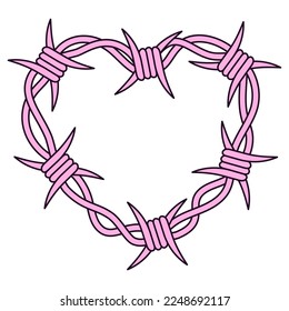 Pink barbed wire in the shape of a heart. Brutal style of the 2000s.