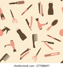 Pink barber shop seamless vector pattern. Beauty salon flat icons.