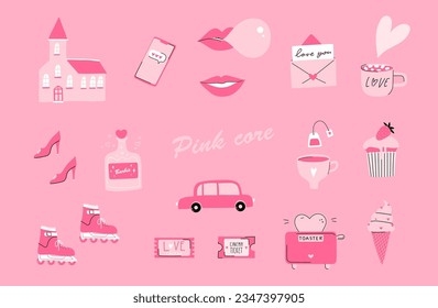 Pink barbie girly items set. Popular vector collection, vector illustration. Glamorous trendy pink stickers set. Nostalgic pinkcore 2000s style collection bundle. Isolated glamour fashion elements