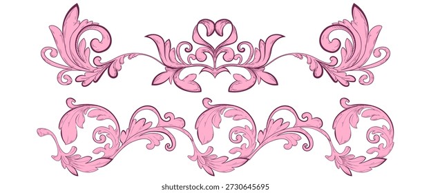 Conjunto de adornos de marco barroco rosa aislado sobre fondo blanco. Ilustración vectorial de Elementos florales clásicos de borde vintage con pergaminos y hojas, remolinos de vid de filigrana, decoración de arte lineal