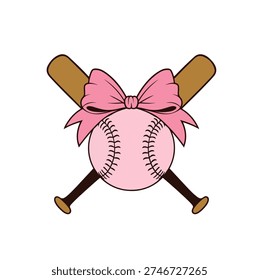 Pink Baseball with Bow and Crossed Bats Cute Girly Sports Vector Illustration