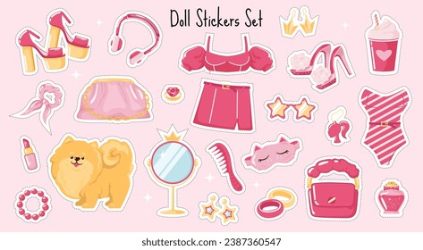 Pink basic barbie set stickers. Trendy barbiecore style fashionable clothes, doll accessories and clothes. Fashionista elements. Vector cartoon