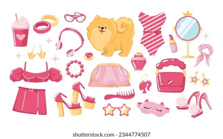 Pink basic doll set. Trendy style fashionable clothes, doll accessories and clothes. Fashionista elements. Vector cartoon