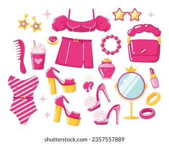 Pink basic doll set. Trendy barbiecore style fashionable clothes, doll accessories and clothes. Fashionista elements. Vector cartoon