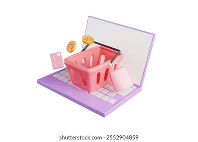 Pink basket on laptop with dollar coins and shopping bag next to it. 3D rendering.