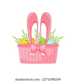 Pink basket with painted Easter eggs and green leaves. Element of religious tradition. Isolated