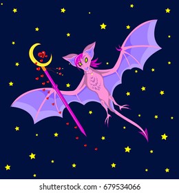 The pink bat holds a staff