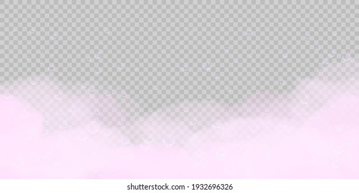 Pink bath foam with bubbles isolated on transparent background. Realistic soap lather texture. Vector illustration of shampoo, gel or mousse suds overlay effect