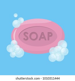 Pink bath soap with bubbles icon. Template design for bathroom, hygiene or beauty. Vector illustration