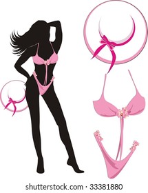 Pink bathing suit and hat. Vector