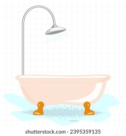 Pink Bathtub with foam bubbles inside and bath yellow rubber duck isolated on blue background. Bath time in flat style vector illustration