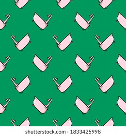 Pink bathtub ,seamless pattern on green background.