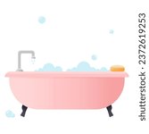 Pink bathtub with soap bubbles on white background