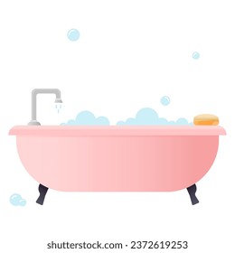 Pink bathtub with soap bubbles on white background