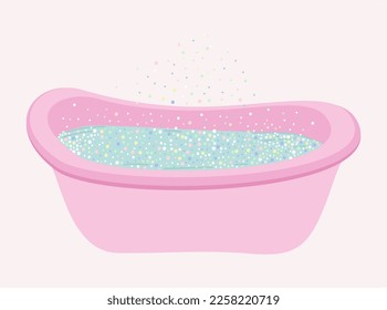 Pink bathtub with water and colorful soap bubbles. Hygiene concept. Vector isolated illustration.
